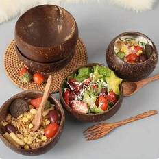 1/2 st handgjorda kokosskålar med träskedar, set med hälsosamma veganska salladsskålar, naturlig kokosporslin - oladdad, mjukt trämaterial, perfekt fö - Multifärgad (2 st träskål,Träskål 1 st,Träslev 1 st,Trägaffel 1 st)