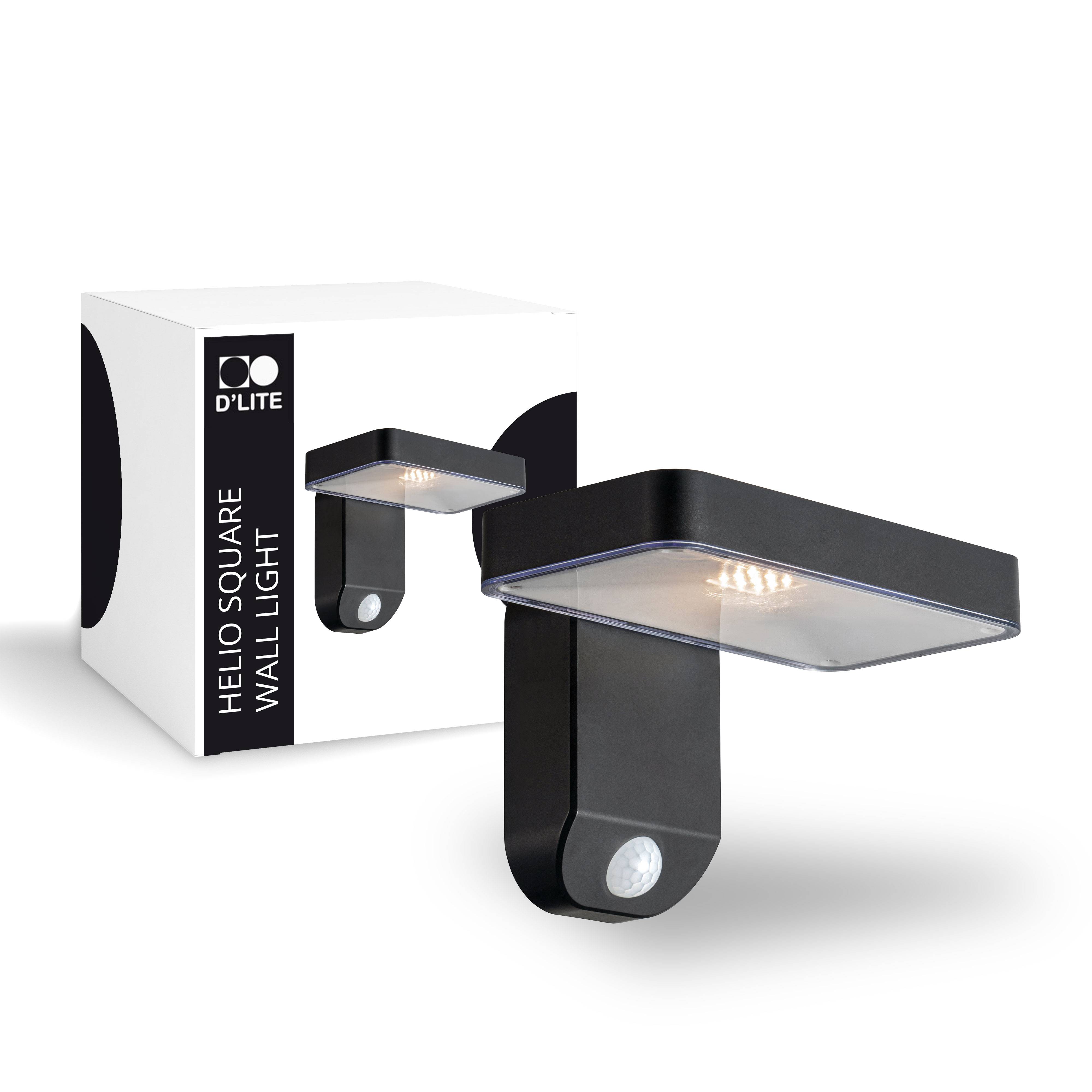 D'Lite Vægbelysning Helio Solar Sort Firkant 5W 450lm - 830 Varm Hvid | IP44 - Bevægelses- og Lyssensor