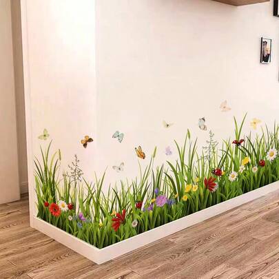 1 ark realistiska väggdekaler med äng och trädgård, fladdrande fjärilar i färgglada blommor och gräs, avtagbara 3D-väggdekaler med skalbar och självhä (Stil A,Stil B,Stil C,Stil D)