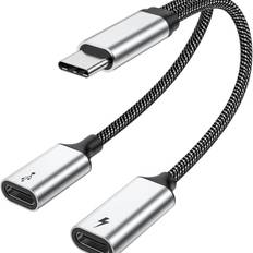 60W USB C Splitterkabel, hurtigopladende Type C Splitterkabel med dataoverførsel, 2 i 1 USB C Splitteradapter til iPhone 15, Macbook, Xbox, Laptop