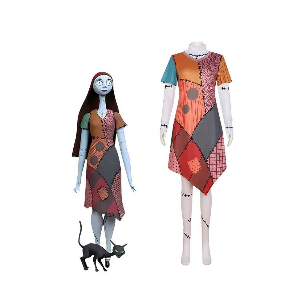 (single dress, XXL) The Nightmare Before Christmas Sally Skellington Adult Cosplay Costume Anime Halloween Christmas Party Dress