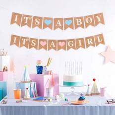 1 st. Babyshower-dekoration med bokstavsflagga, "POJKE ELLER FLICKA", vintage-festbanderoll med kraftpapper, pojke- och flickamotiv - Multifärgad (pojke,flicka)