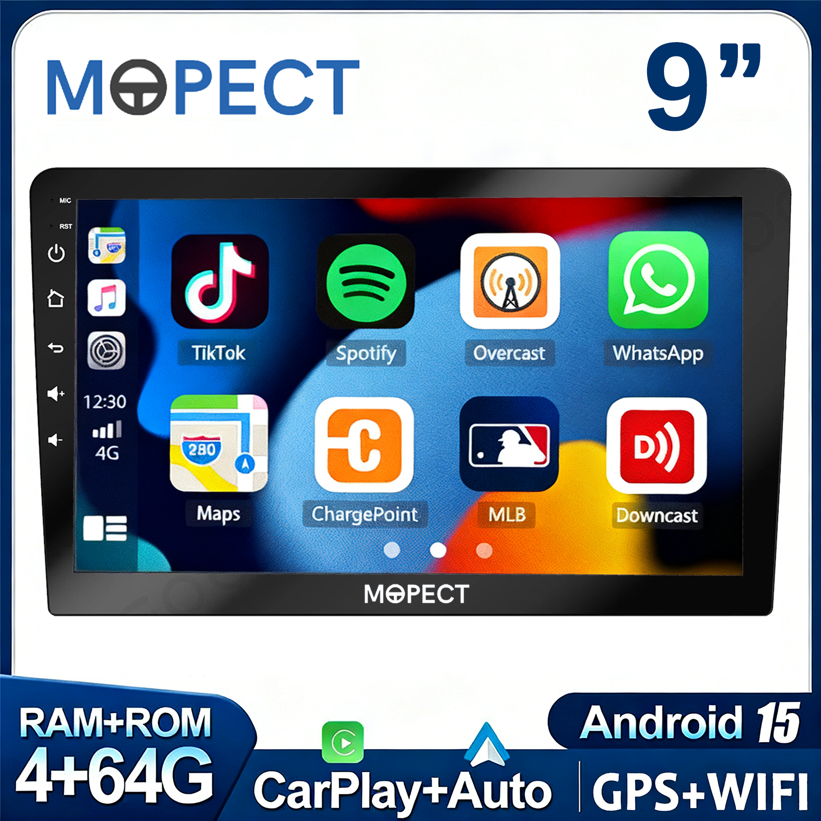MOPECT 9" 2 DIN Android 15 4+64G Car Stereo Multimedia Universal CarPlay Android Auto GPS Navigation AM Radio DAB+ & Dash Cam