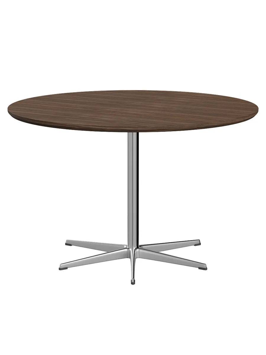 Piet Hein A825 Spisebord, Ø120 cm fra Fritz Hansen Valnød finér m. finérkant - Krom stel - Jacobsen Plus