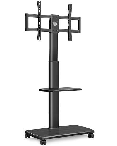 Fitueyes TV-golvstativ, rullbart med trähylla, TV-stativ med hjul, höjdjusterbart, svängbart, för 32 till 70 tums platta skärmar upp till max. 40 kg, VESA. 400 x 600