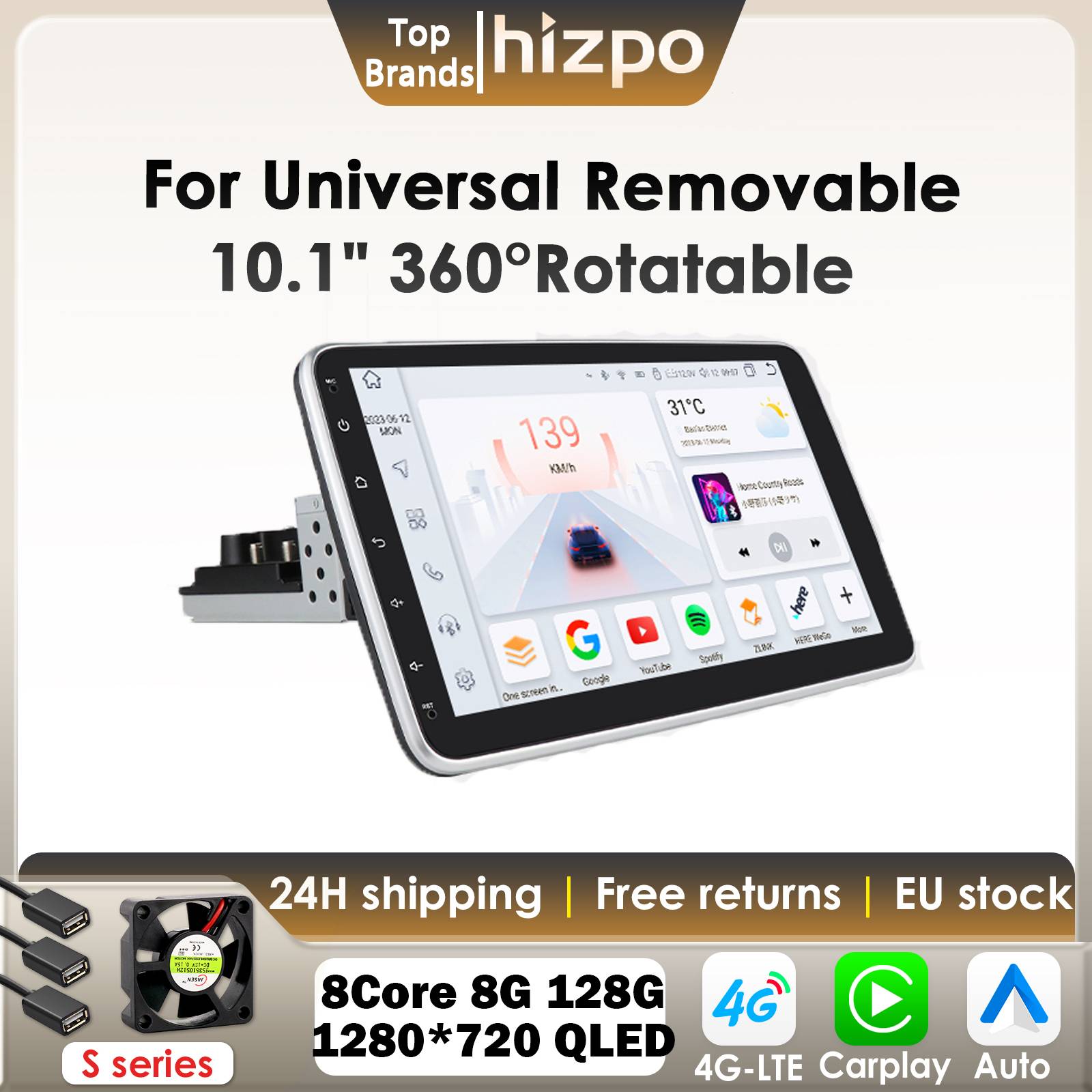 Hizpo 1 Din Android Car Stereo Radio 10.1 Rotate Touch Screen Removable for Universal Carplay GPS Navi 4G WIFI BT DSP Autoradio
