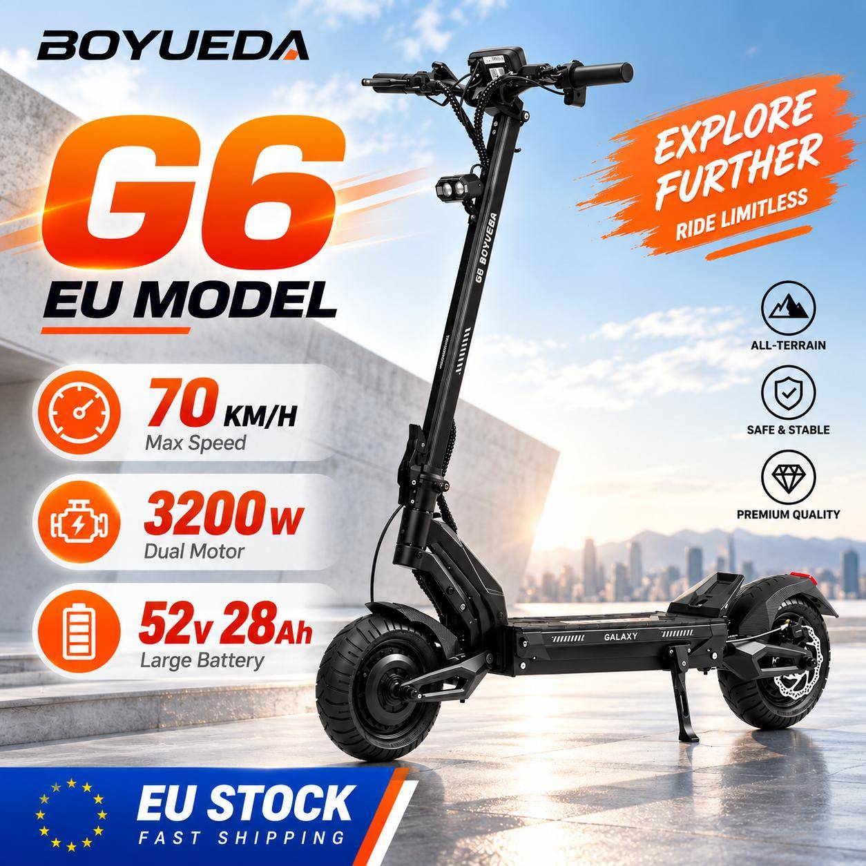 BOYUEDA G6 EU Adult E‑Scooter, 3200W dual‑motor, 52V 28Ah, 10‑inch tires, LCD, max 70km/h, fast EU warehouse delivery