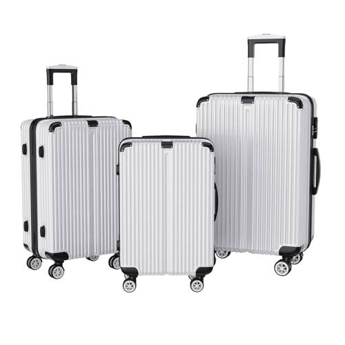 Henunem Set med 3 resväskor, resväska, set med 3 resväskor, resväska set, lätt ABS-läge med hård bärväska med 4 hjul med infällbart handtag, resväska, Silver-054, Enkel