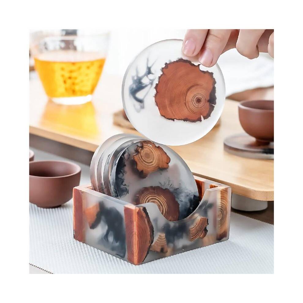 6 Pcs Wood Coasters with Holder, Resin Epoxy Coaster for Drinks, Cool Coaster Art Table Protection Decor