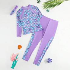 Tween Girl Mermaid Scale Print Raglan Sleeve Topp och byxor Tankini Set med pannband - Mauve Lila (8Y,9Y,10Y,11Y,12Y)
