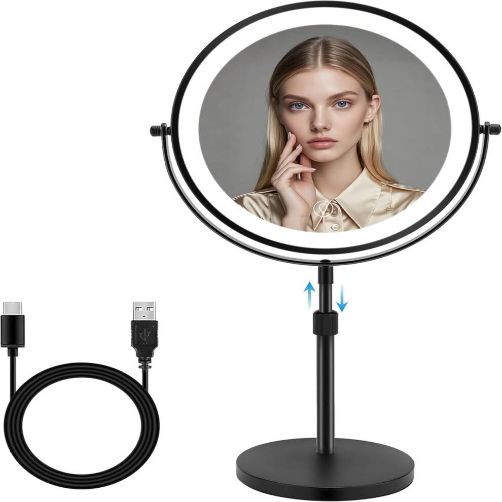 10x forstørrelsesspejl med 3 farver, lysstyrkejusterbart LED-oplyst makeupspejl med højdejusterbart stativ, genopladeligt batteri