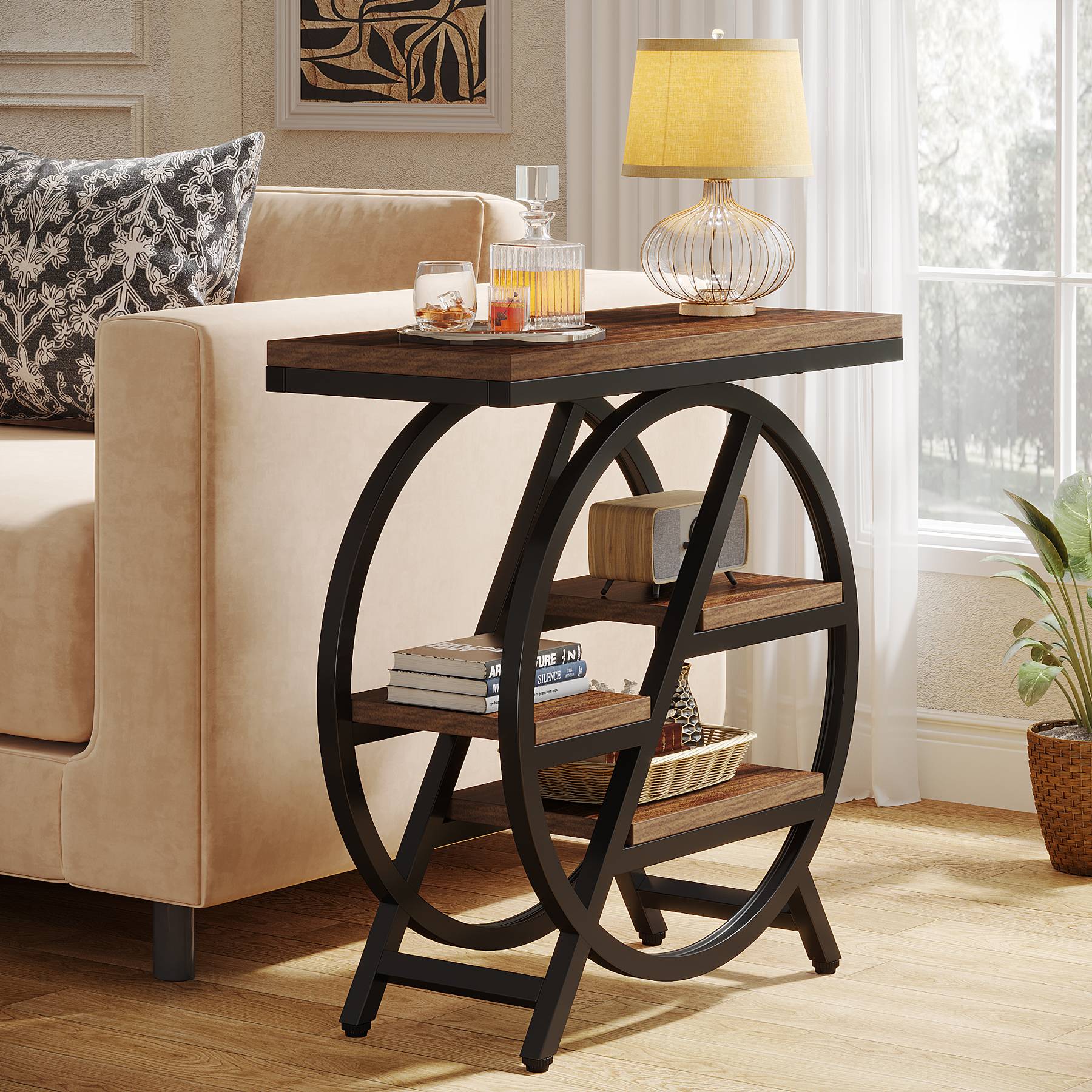 Tribesigns 3-Tier End Table,  Narrow Side Table with Storage for Living Room, Wood Sofa Side Table with Geometric Metal Frame