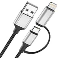 2-i-1 USB C snabbladdningskabel, 1,5 m, USB A till USB C-kabel och belysningskabel, iPhone laddningskabel, USB-kabel typ C, datakabel för iPhone Samsung Huawei Xiaomi Oneplus Google – svart