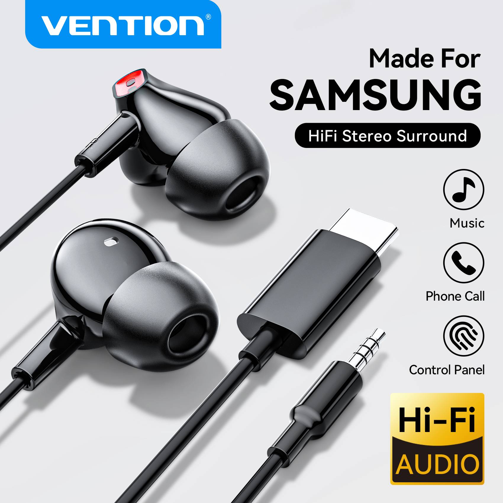 Vention USB Type C Headphones HiFi Bass Stereo Volume Control Mic 3.5mm Dolby Sound Wired Earbuds For Samsung S25 iPhone 17 16