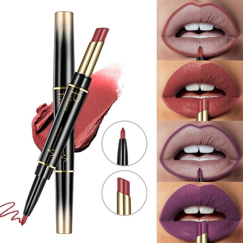 2 IN 1 Lip Liner läppstift Matt sammet Natural Nude Lipstick Penna Högpigmenterad Långvarig Lip Liner Makeup Cosmetics