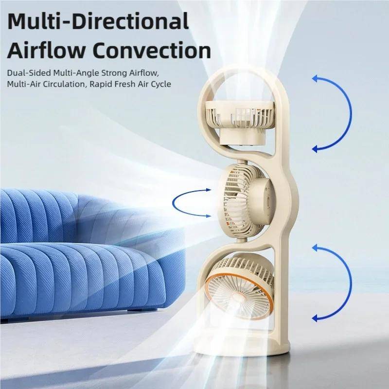 Portable Usb Rechargeable Three Head Fan 360 Degree Circulation 5 Speed Wind For Dormitory Outdoor And Desktop Use