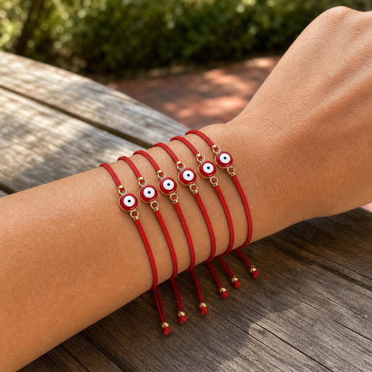 Go2boho Röd Nylon Tråd Onda Ögat Pärlarmband med 18K Guldpläterade Kulelement, Trendiga Present Smycken