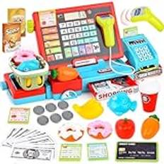 Kassainspelningsleksaker, Kasse Kinder Rollenspiel Supermarkt Spielzeug, Kassaregister med äkta kalkylator, Play Store med skanner/falska pengar/mat, pedagogisk leksak present