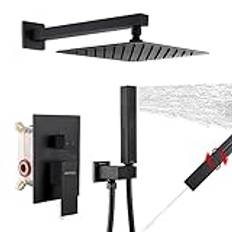 Shower Faucets Sets Complete Matte Black Shower System 10 inches Rainfall Shower Head with 2 in 1 Handheld, Shower Faucet Set for Bathroom Rough-in Valve Body and Trim Included