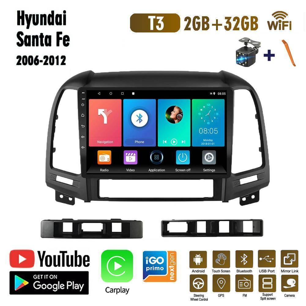 Trådlös 9 tums Android bilradio Carplay för Hyundai Santa Fe 2006-2012 Bil Multimedia Videospelare GPS Navigation WIFI 2+32GB