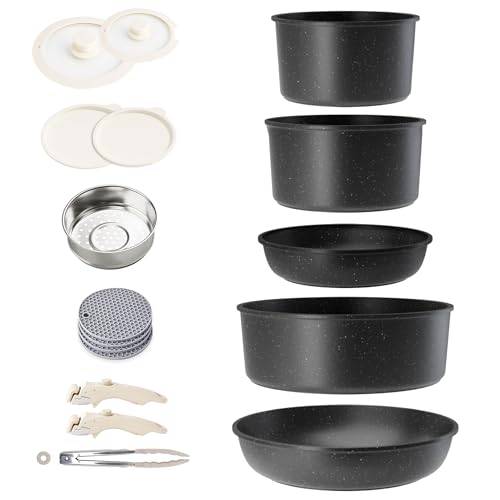 RIOVARM Induktion kastruller och stekpannor set med avtagbara handtag, non-stick granit, stapelbara köksredskap set med silikonlock, platsbesparande kastrull- och stekpannor utan PFOA, stekpanna,