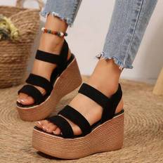 2025 Summer Retro Tjock sula Platform Kilsandaler, nya högklackade halmvävda korsband romerska skor för kvinnor - Svart (bredband) - EUR35,EUR36,EUR37,EUR38,EUR39,EUR40,EUR41,EUR42,EUR43,EUR44