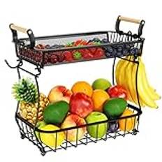 Miyawell fruktkorg, fruktskål med 2 nivåer med 2 bananhängare, köksbänkställ, grönsaksdiskhållare, stora metallskålar perfekta för att hålla frukt, grönsaker, mellanmål, muffins, svart