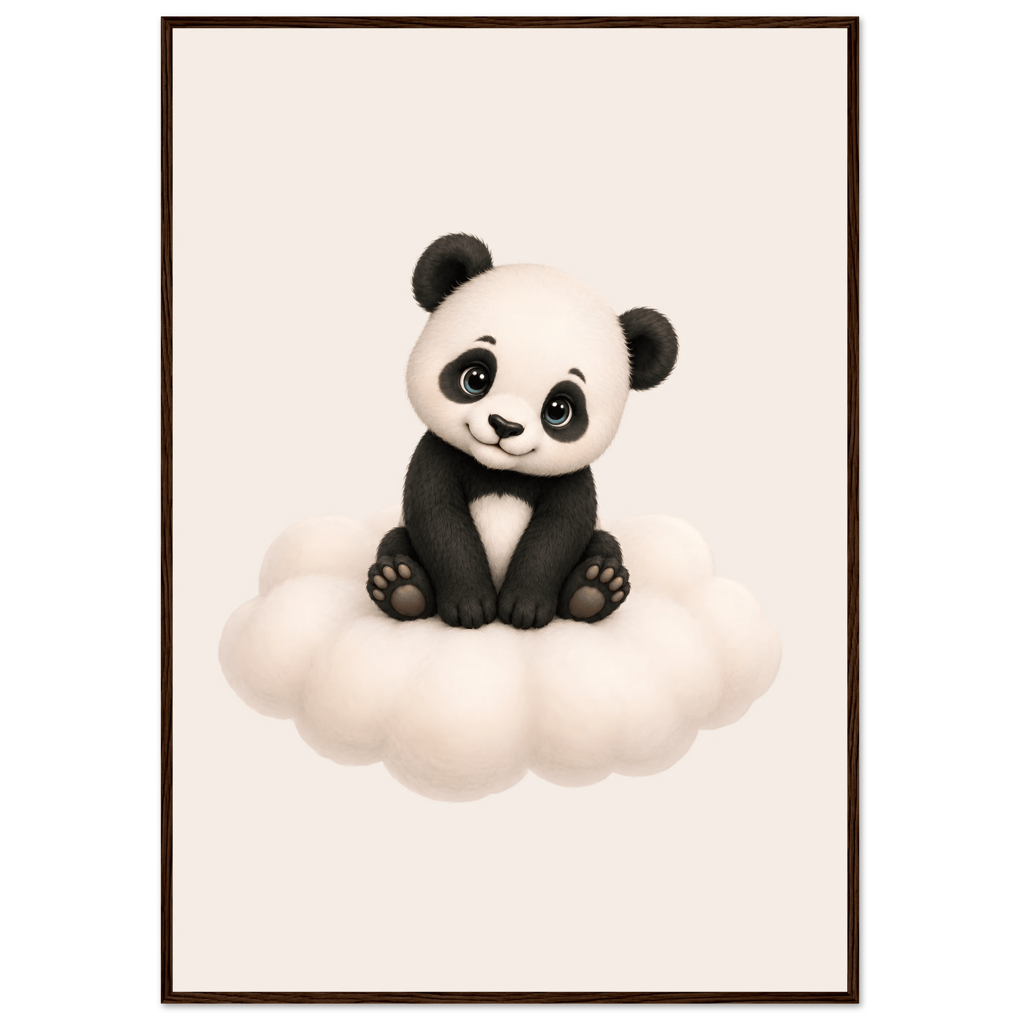 Söt panda på moln poster-70x100 cm / 28x40″ / Med ram / Mörkt trä