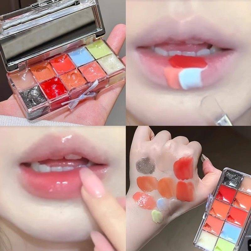 FLORTTE Peng Princess Lip Jelly Lipgloss Ten Color Toned Lip Frozen Plate Red Lip Glaze Cream Palette Makeup Set With Brush