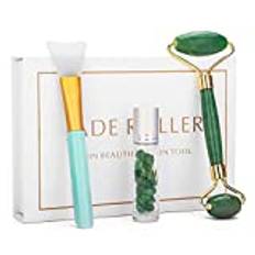 Jade Roller Facial Face Jade Massage Roller Rose Quartz Scraper Jade Massager Tools med Jade Roller Oil Bottles-Grön uppsättning presentförpackning