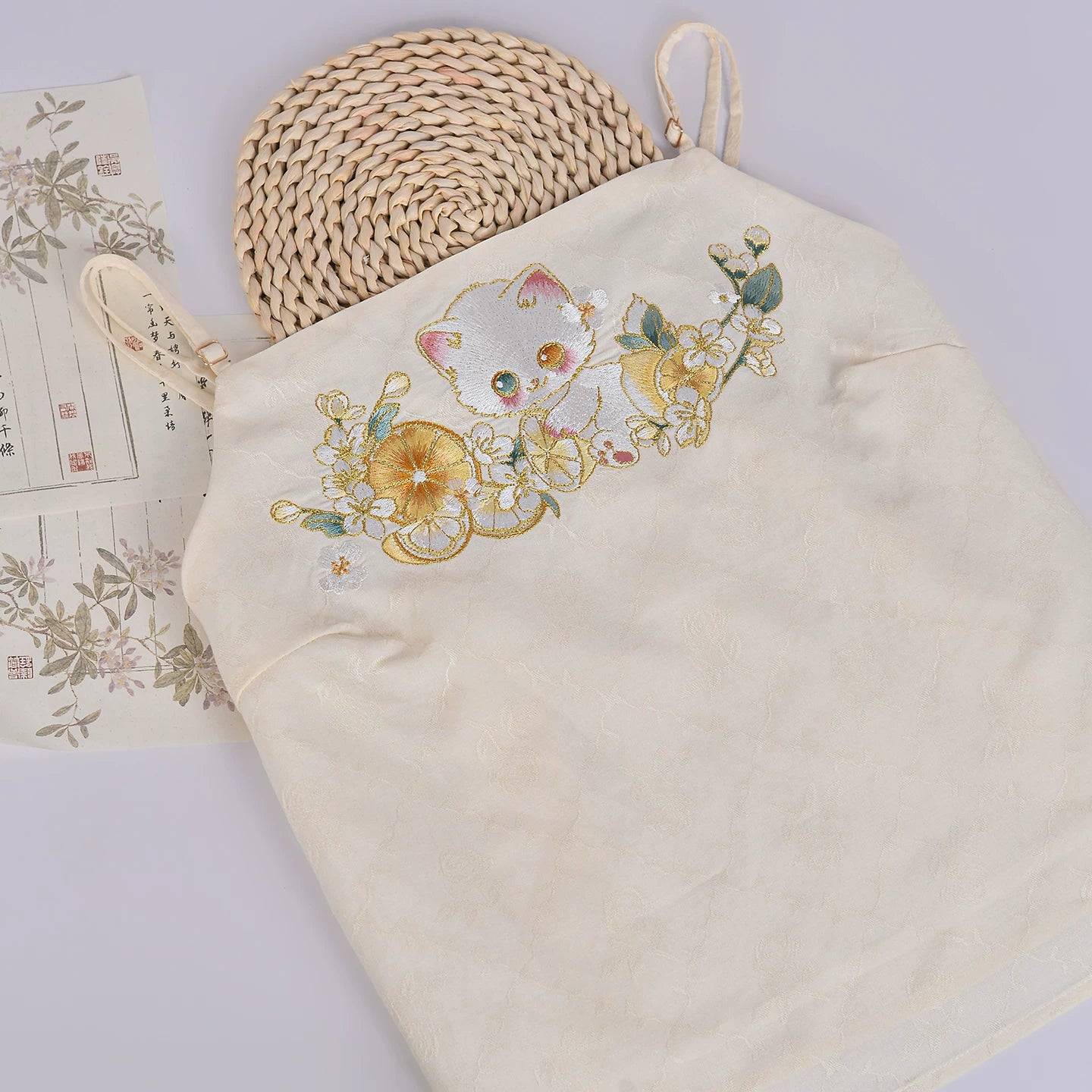 Hanfu Embroidered Sling Top | Cat Print Camisole Vest | National Style Daily Wear - Lemon Cat Sling (Pre-sale Cotton Lined) / L