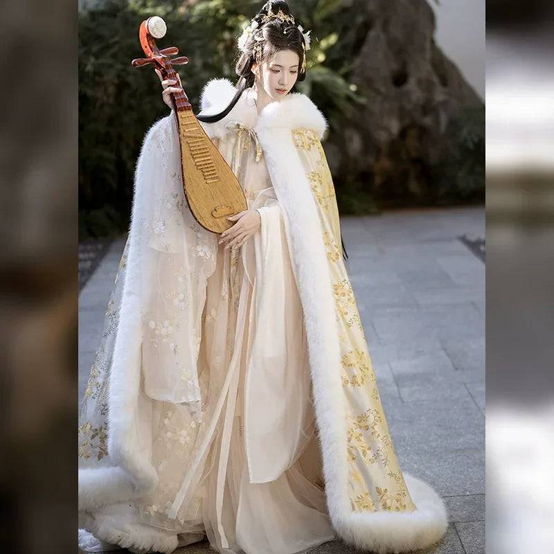 Gold Winter Fur Cape – Hanfu Cloak for Women | Thick, Warm & Elegant Festive Outerwear - Hooded Cloak [Thin] / 2XL 175 Height (2XL 175 Height)