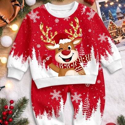 Bekvämt set för spädbarn och småbarn med rund hals, långärmad sweatshirt och byxor, klassiskt julmönster med snöflingor och söta tecknade julrenar, lä - Multifärgad (6-9M,9-12M,12-18M,18-24M,2-3Y)