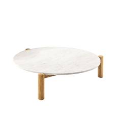 Cassina - 535 Table à Plateau Interchangeable Ø102, Outdoor, Solid Teak Wood Natural Finish, Top Carrara Marble - Udendørs sofaborde - Charlotte Perriand - Hvid - Træ/Sten/Plast