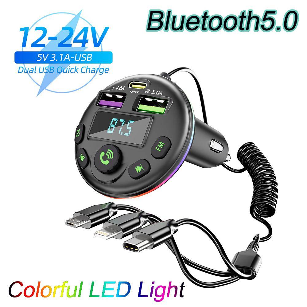 Bil Bluetooth 5.0 FM-sändare Handsfree Ljudmottagare MP3-modulator Spelare med 3 i 1 Laddningskabel för IPhone Huawei Xiaomi svart