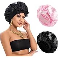 Loomify 2 Stycken Sovmössa Siden, Satin Hårmössa, Justerbar Sidenmössa för att Sova, Natt Sovmössa, Satin Bonnet för Kvinnor och Flickor (Svart,Rosa)