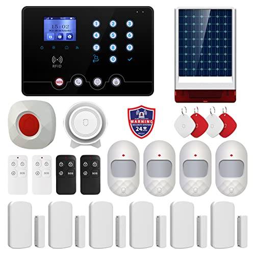 Wolf Guard WiFi 4G trådlöst heminbrott säkerhetslarmsystemkit W4Q-svart-W06, Tuya Smartlife APP, Amazon Alexa, med RFID-kort, solsiren, fönsterdörrsensorer, rörelsedetektor