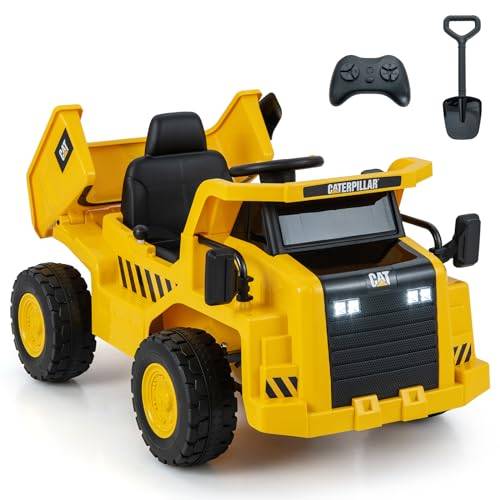GOPLUS 12 V dumplingsvagn för barn, Caterpillar elbil att sitta upp, elektrisk barnbil med 2,4 G fjärrkontroll, tipptråg, megafon, mediaspelare och spade, för barn från 3 år