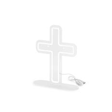 Neon Kors LED hvid transparent 41x30 cm – inkluderer stand, væghæng og USB-forbindelse