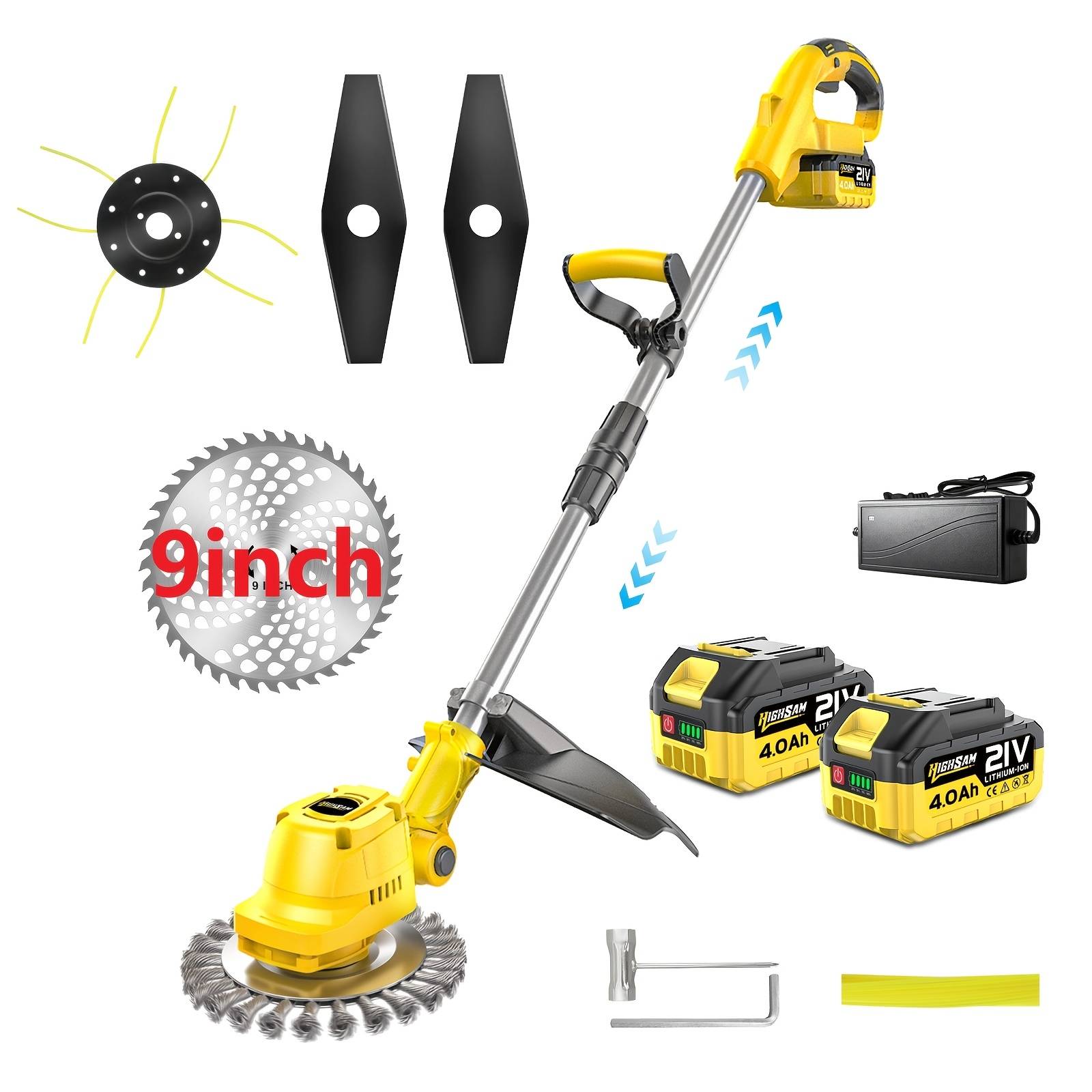 Highsam Brushless Grass Trimmer 23cm Scope Cordless Weed Eater With Weed Brush 2*4.0ah Batteries Multi-strimmers Set, 21v Electric Lawn Mower Brush Edger For Yard Garden