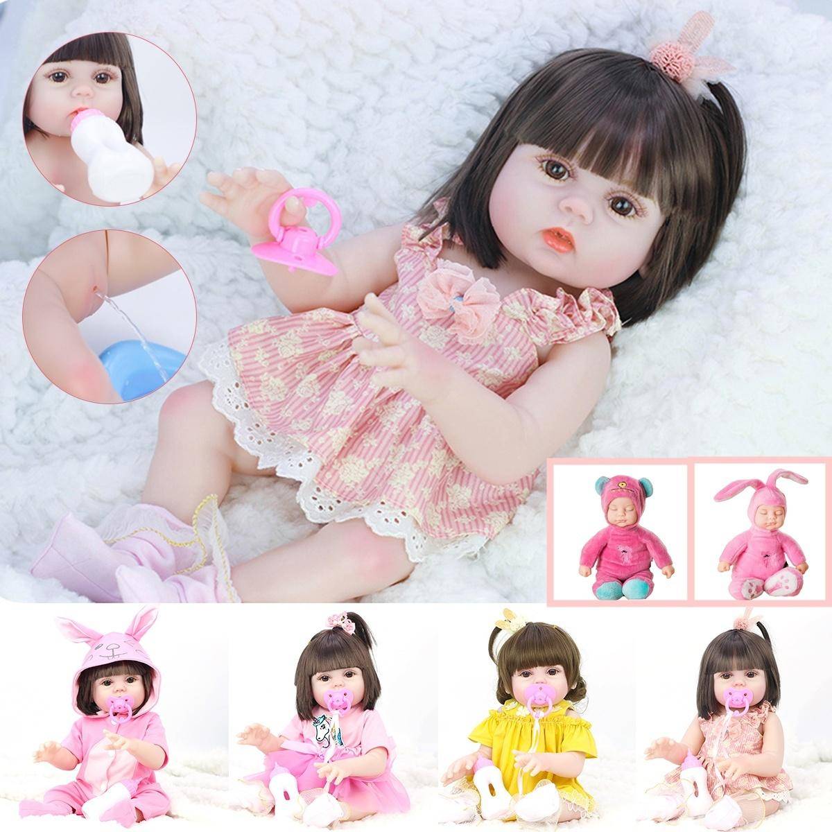 Realistiska Reborn Baby Dolls 16 tums verklighetstrogna viktade småbarnsflickdocka med kjol ELLER Kanin plyschleksak Cut Bear Doll Presentset för barn