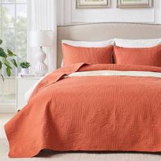 Qucover Sängtäcke set 150, orange mönstrat överkast 220 x 240 cm Ultraljud, sängöverdrag 150 mikrofiber med 2 örngott 50 x 75 cm, superlätt sommarfilt med elegant foralmönster