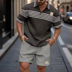 Men's Retro Waffle Plaid Collar Zipper Short Sleeved And Pants Two-piece Set