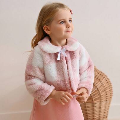 Babyflicka Rutig långärmad pälsjacka med rosettdekor och ärmlös klänning Sött 2-delat set, höst/vinter - Rosa (6-9M,9-12M,12-18M,18-24M,2-3Y)