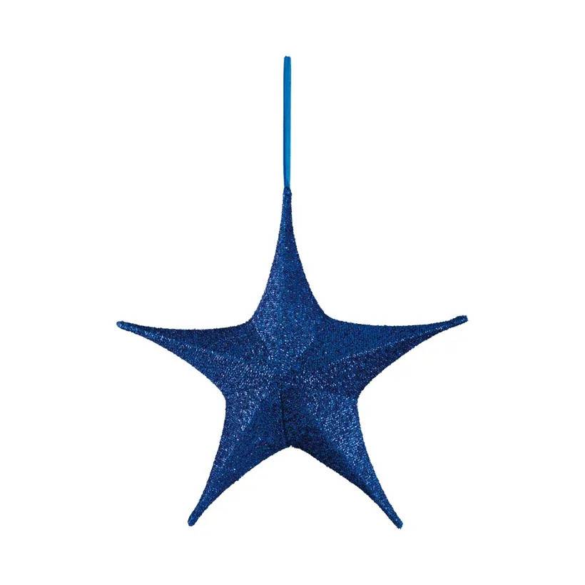 Stjerne, 5-takket, Ø40cm, blå, m glimmer, tekstil, foldbar, m lynlås, julepynt.