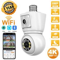 ICSEE 4K 8MP E27 Bulb WiFi Camera Dual Lens Dual Screen Auto Tracking Two Way Audio Color Night Vision Outdoor Security Camera