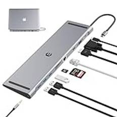 USB C-dockningsstationsadapter, 10-i-1 USB C-dockningsstation, trippel skärm med 4K HDMI, VGA, 3 x USB 3.0, PD 100 W, Ethernet, SD/TF-läsare, ljud/mikrofon för typ C bärbara datorer