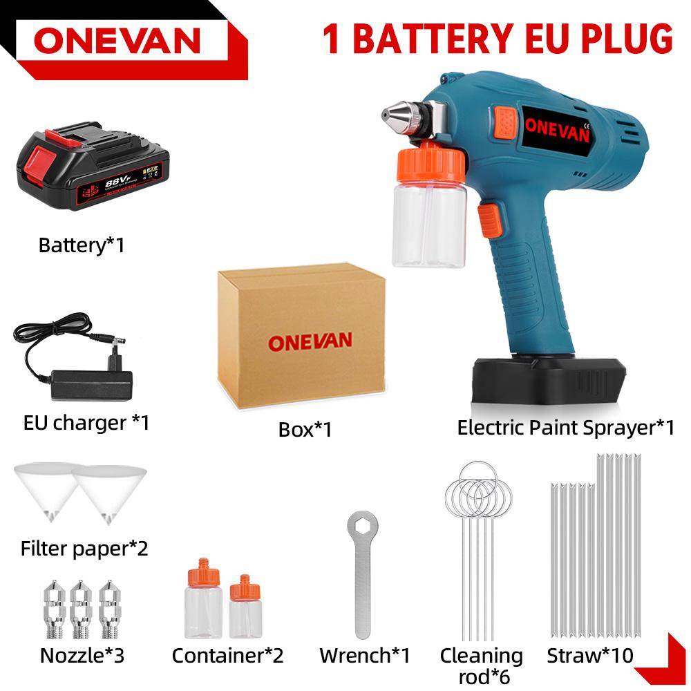 ONEVAN 100ML Elektrisk Sprutpistol Sladdlös Färgspruta Uppladdningsbar Auto Möbler Stål Elverktyg För Makita 18V 21V Batteri 1 Battery-EU