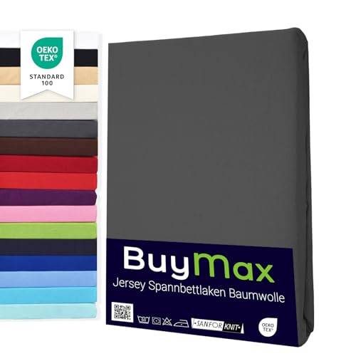 Buymax Spannbettlaken 160x200cm Baumwolle 100% Spannbetttuch Bettlaken Jersey, Matratzenhöhe bis 25 cm, Farbe Anthrazit
