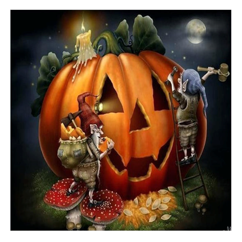 Små figurer ved kæmpegræskar – Halloween sukkerprint 2×2–28×28 cm - 21x21 cm - 1 stk.